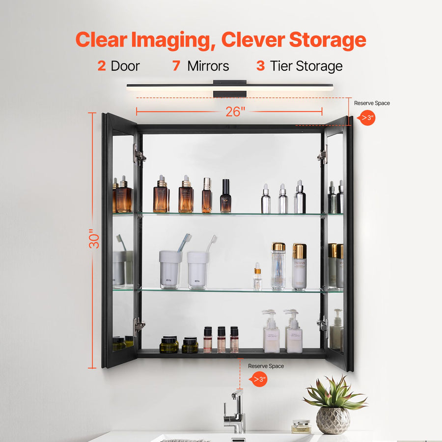 Medicine Cabinet, 26 x 30 inch, Medicine Cabinet for Bathroom with Mirror,  Aluminum Frame Bathroom Wall Cabinet, 2-layer Adjustable Shelves, Recessed & Wall-mounted Installation