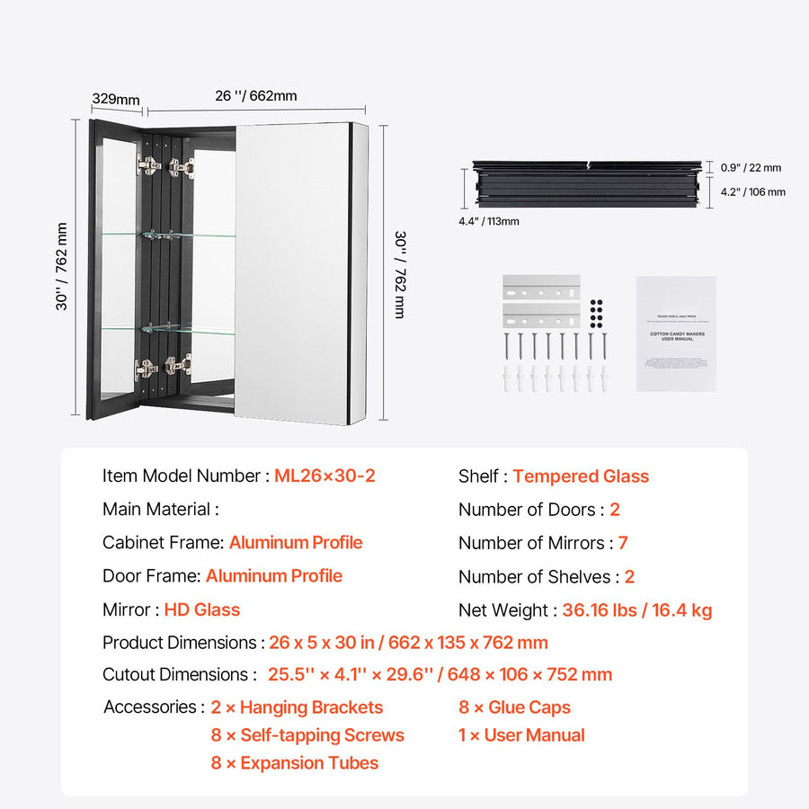 Medicine Cabinet, 26 x 30 inch, Medicine Cabinet for Bathroom with Mirror,  Aluminum Frame Bathroom Wall Cabinet, 2-layer Adjustable Shelves, Recessed & Wall-mounted Installation