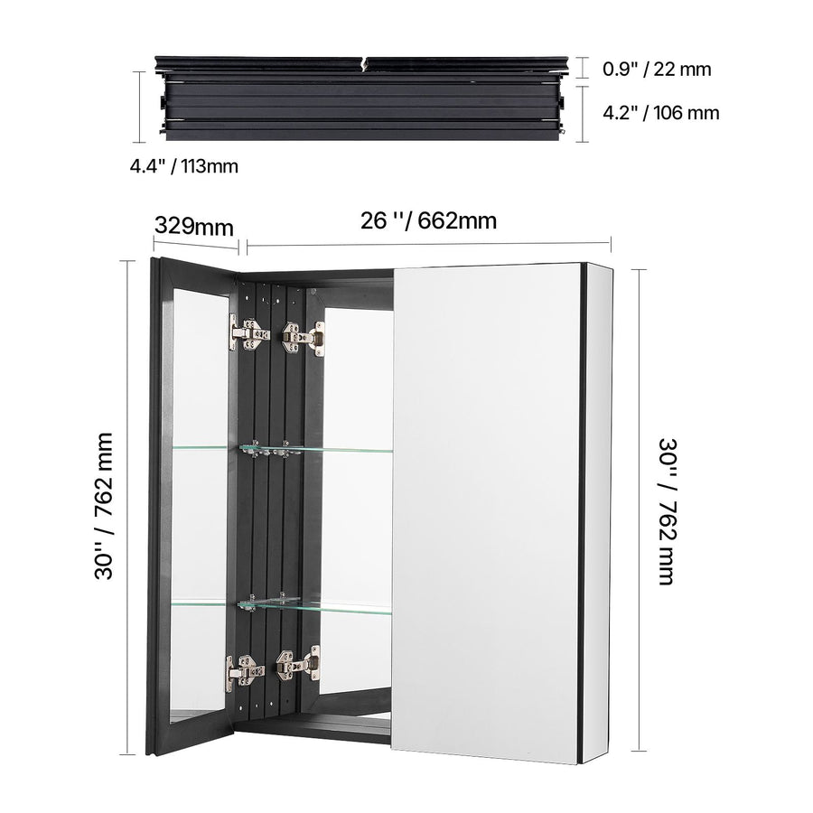 Medicine Cabinet, 26 x 30 inch, Medicine Cabinet for Bathroom with Mirror,  Aluminum Frame Bathroom Wall Cabinet, 2-layer Adjustable Shelves, Recessed & Wall-mounted Installation