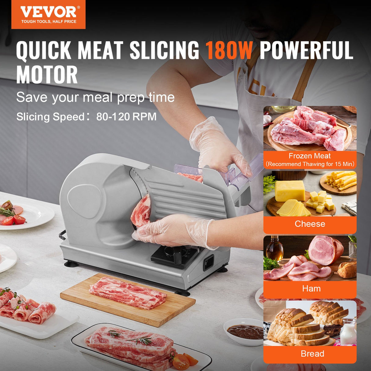 VEVOR Meat Slicer, 180W Electric Deli Food Slicer with 7.5" SUS420 Stainless Steel Blade and Blade Guard, 0 - 0.6 inch Adjustable Thickness for Home