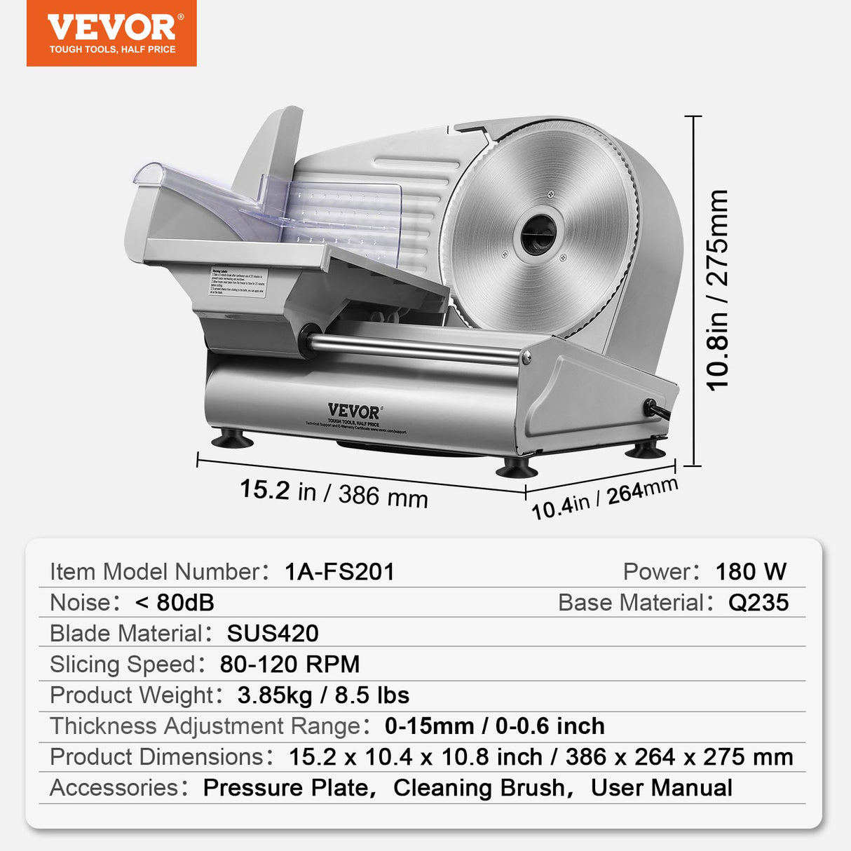 VEVOR Meat Slicer, 180W Electric Deli Food Slicer with 7.5" SUS420 Stainless Steel Blade and Blade Guard, 0 - 0.6 inch Adjustable Thickness for Home