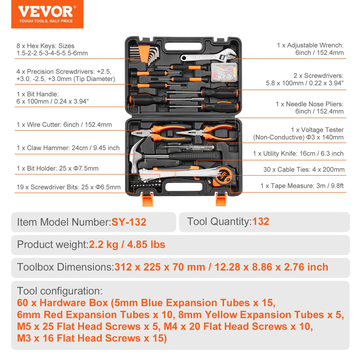 VEVOR Tool Kit 132 Piece General Household Hand Tool Set with Portable Tool Case