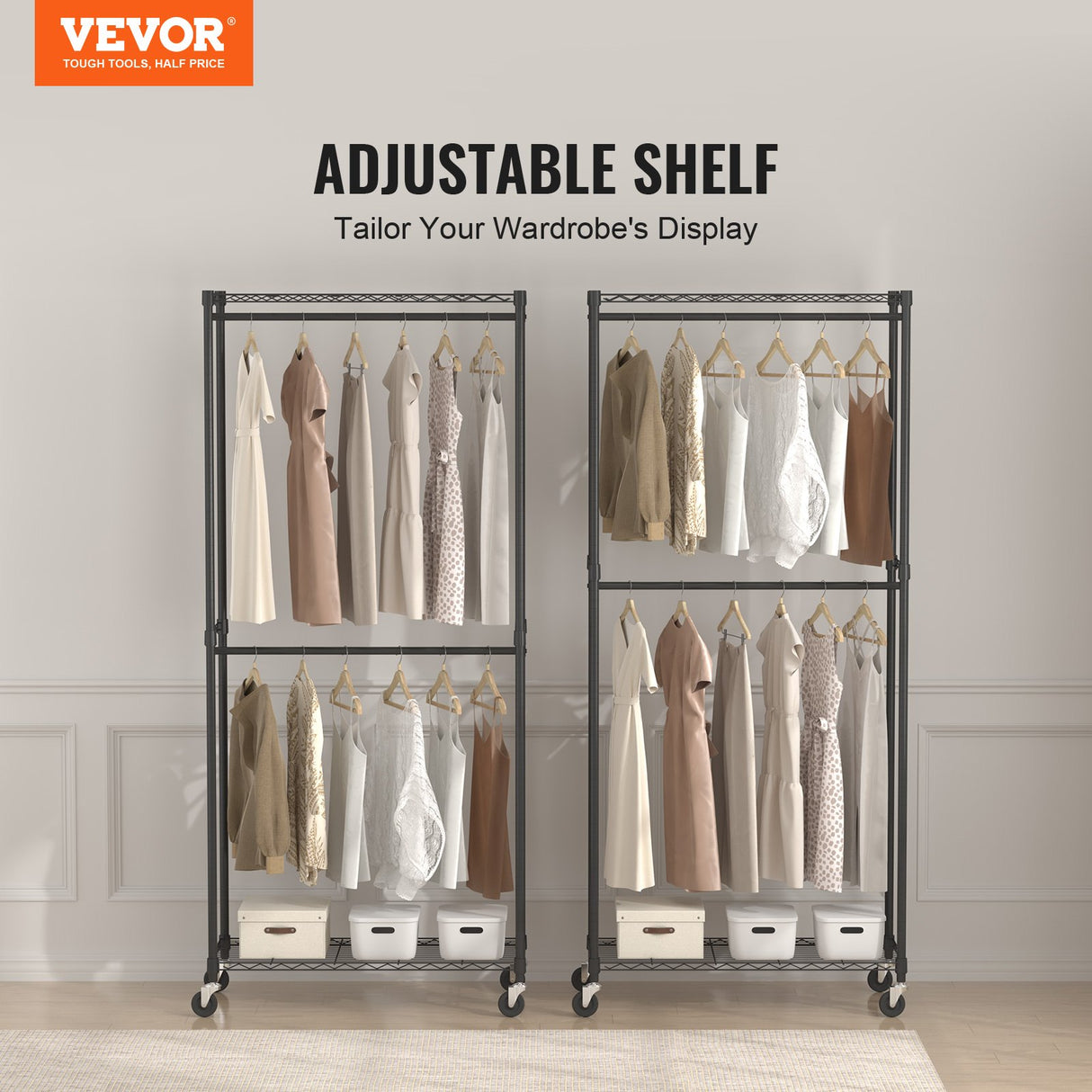 VEVOR Heavy Duty Clothes Rack, Double Hanging Rods Clothing Garment Rack with Bottom and Top Storage Tier, Rolling Clothing Rack for Hanging Clothes, Thicken Steel Tube Hold Up to 136 KG