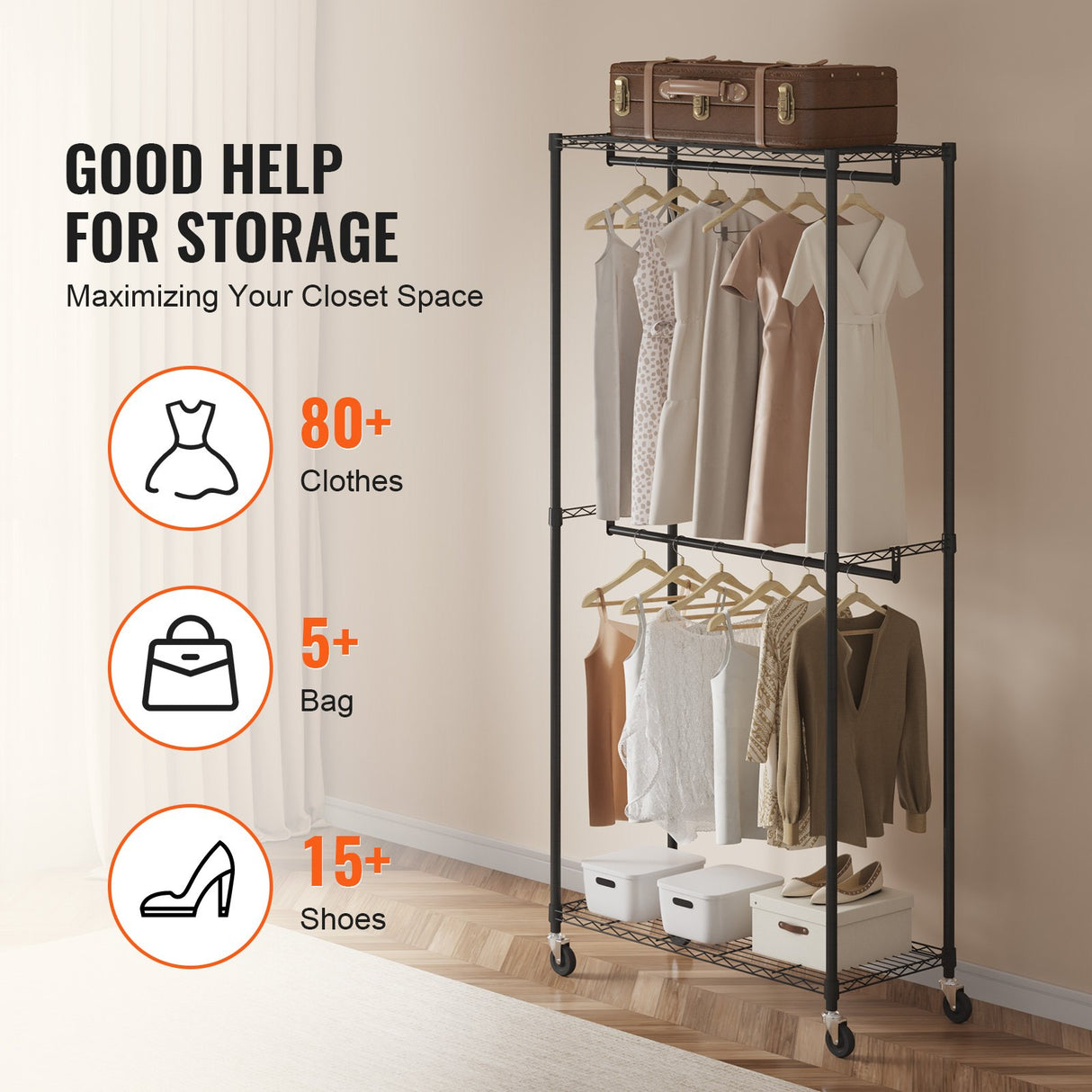 VEVOR Heavy Duty Clothes Rack, Double Hanging Rods Clothing Garment Rack with Bottom and Top Storage Tier, Rolling Clothing Rack for Hanging Clothes, Thicken Steel Tube Hold Up to 136 KG