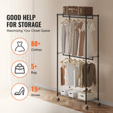 VEVOR Heavy Duty Clothes Rack, Double Hanging Rods Clothing Garment Rack with Bottom and Top Storage Tier, Rolling Clothing Rack for Hanging Clothes, Thicken Steel Tube Hold Up to 136 KG - Side View