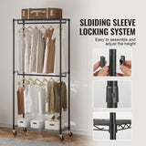 VEVOR Heavy Duty Clothes Rack, Double Hanging Rods Clothing Garment Rack with Bottom and Top Storage Tier, Rolling Clothing Rack for Hanging Clothes, Thicken Steel Tube Hold Up to 136 KG - Top-Down View