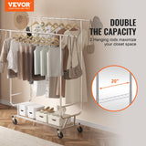 VEVOR Heavy Duty Clothes Rack, Double Hanging Rod Clothing Garment Rack for Hanging Clothes, Adjustable Height and Extendable Length Clothing Rack with Bottom Storage Area, 272 KG Load Capacity - Front View
