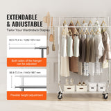 VEVOR Heavy Duty Clothes Rack, Double Hanging Rod Clothing Garment Rack for Hanging Clothes, Adjustable Height and Extendable Length Clothing Rack with Bottom Storage Area, 272 KG Load Capacity - Side View
