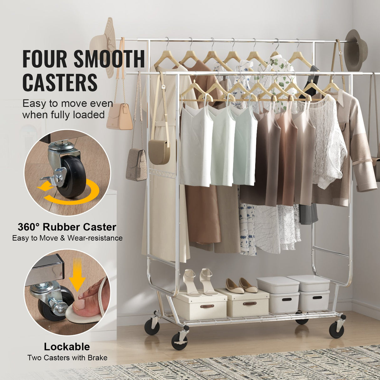 VEVOR Heavy Duty Clothes Rack, Double Hanging Rod Clothing Garment Rack for Hanging Clothes, Adjustable Height and Extendable Length Clothing Rack with Bottom Storage Area, 272 KG Load Capacity