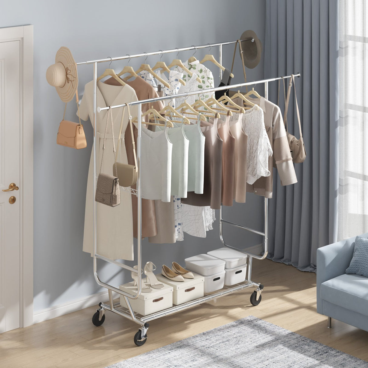 VEVOR Heavy Duty Clothes Rack, Double Hanging Rod Clothing Garment Rack for Hanging Clothes, Adjustable Height and Extendable Length Clothing Rack with Bottom Storage Area, 272 KG Load Capacity