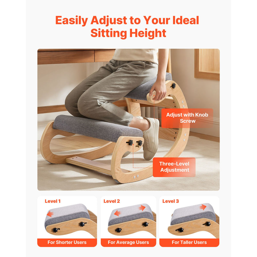 Ergonomic Kneeling Chair, Wooden Posture Knee Chair with Adjustable Thick Foam Cushions & Solid Wood Frame, Adjustable Height, Relief for Neck or Back Pain for Home, Office or Meditation, Gray