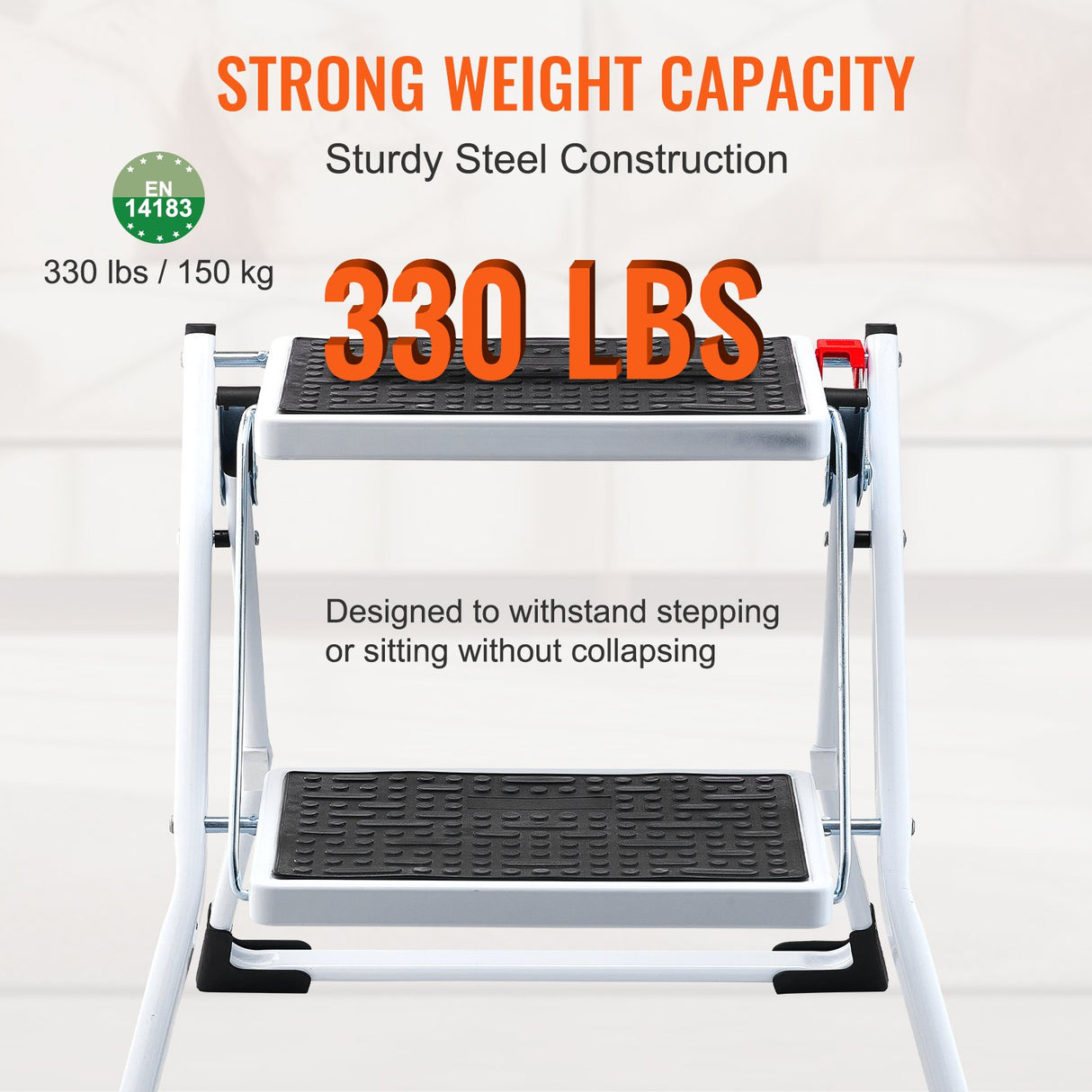 VEVOR Step Ladder 2-Step 150kg Capacity, Ergonomic Folding Steel Step Stool with Wide Anti-Slip Pedal, Sturdy Step Stool for Adults Toddlers, Multi-