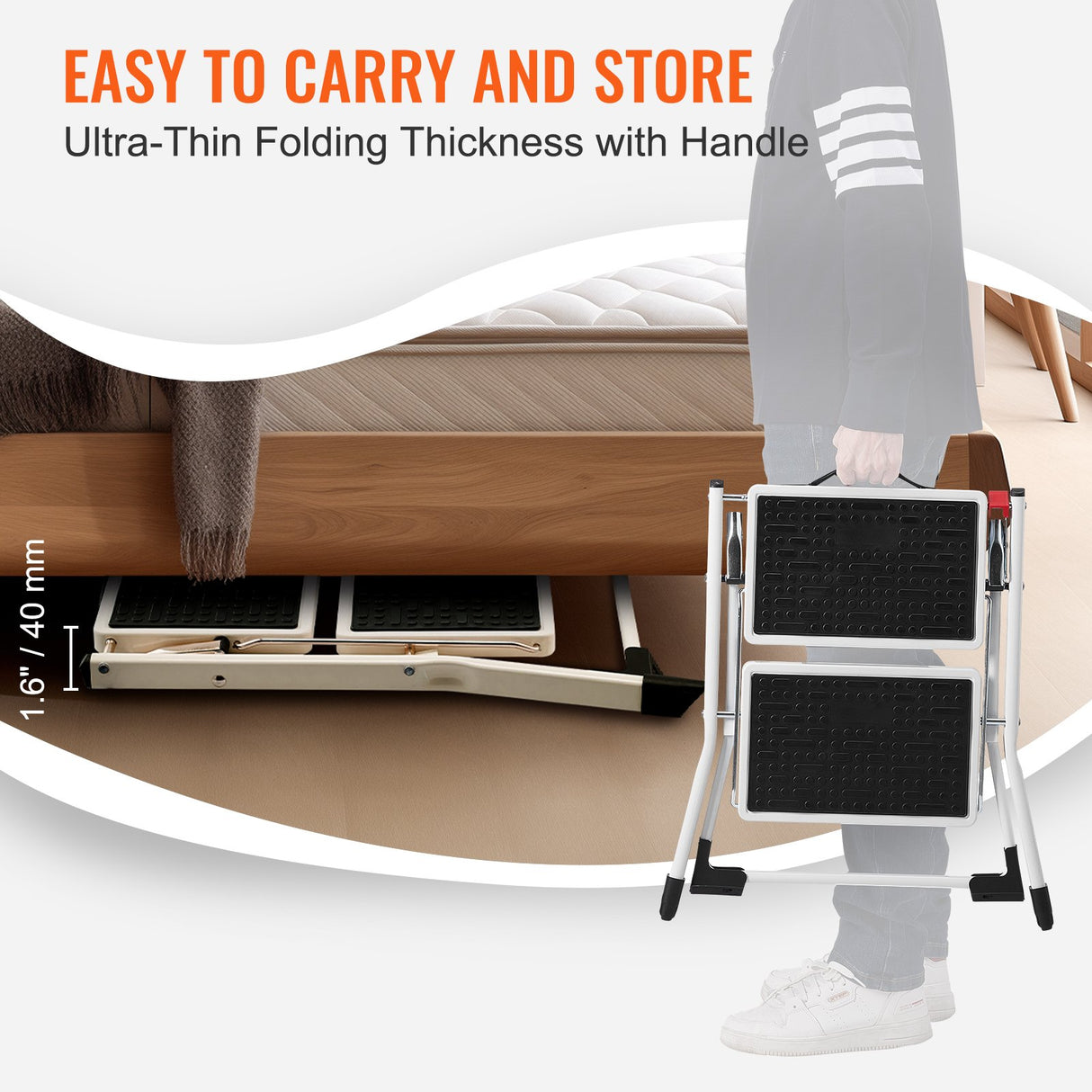 VEVOR Step Ladder 2-Step 150kg Capacity, Ergonomic Folding Steel Step Stool with Wide Anti-Slip Pedal, Sturdy Step Stool for Adults Toddlers, Multi-