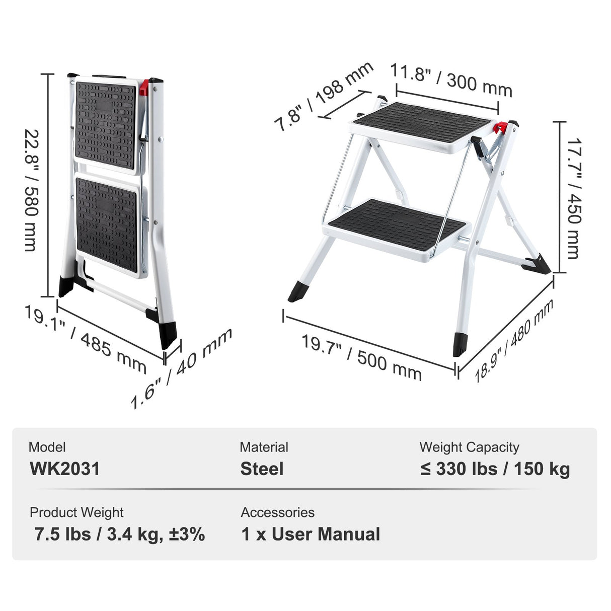 VEVOR Step Ladder 2-Step 150kg Capacity, Ergonomic Folding Steel Step Stool with Wide Anti-Slip Pedal, Sturdy Step Stool for Adults Toddlers, Multi-