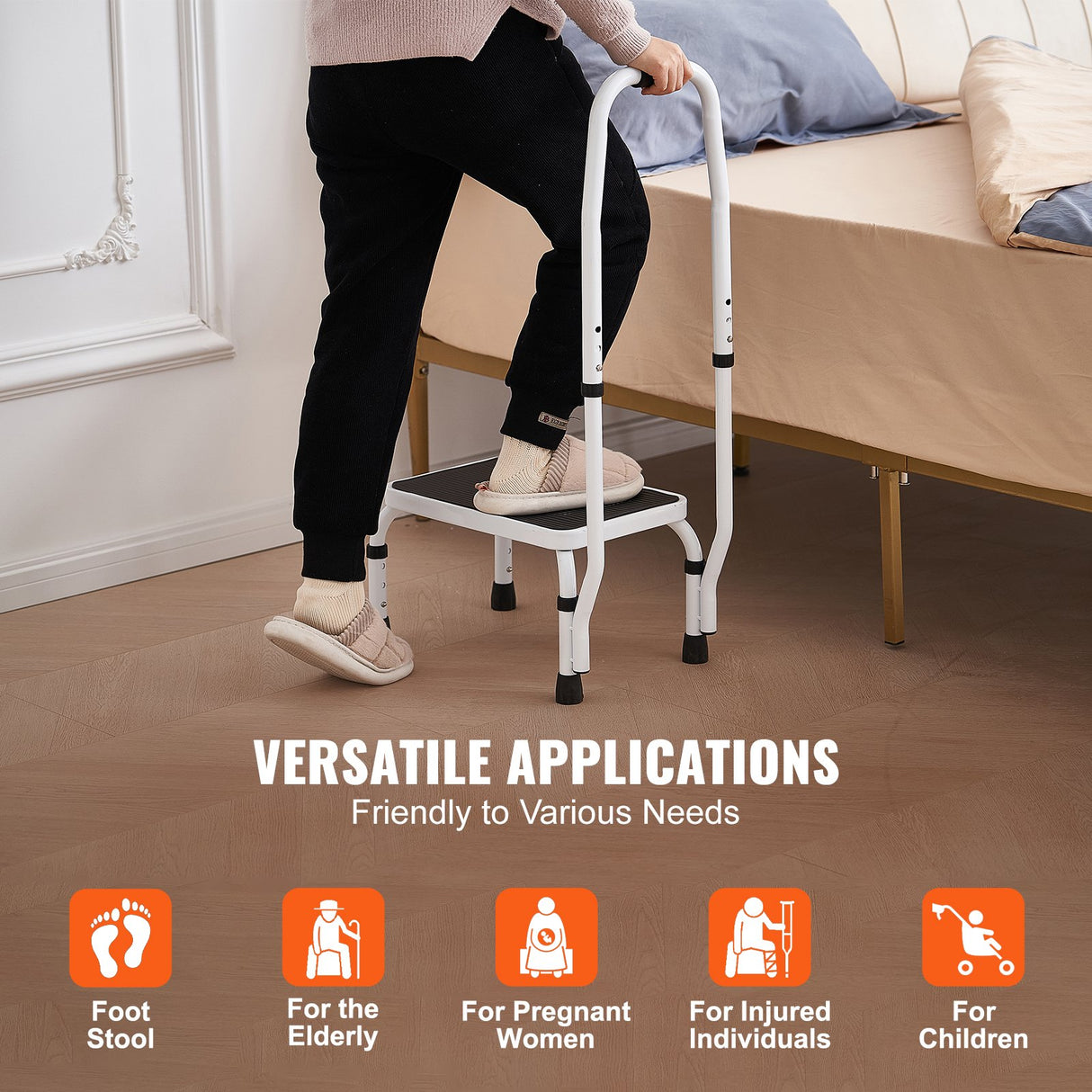 VEVOR Step Stool 1-Step 150KG Capacity, 3 Adjustable Height with Handle Steel Step Ladder, Portable Toddler Step Stools for Adults, Non-Slip Sturdy