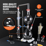 VEVOR Essential Oil Distillation Kit, 2000ml Distillation Apparatus, 3.3 Boro Lab Glassware Distillation Kit with 1000W Heating Plate and 24, 40 Joint, 28 pcs Set - Side View