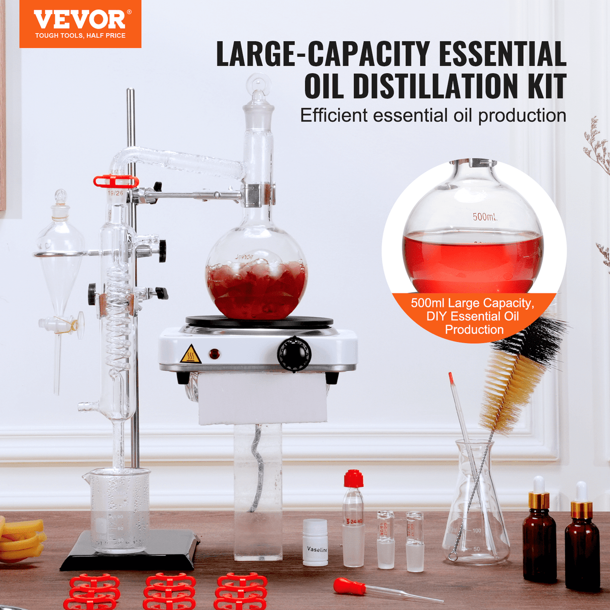 VEVOR Essential Oil Distillation Kit, 500ml Distillation Apparatus, 3.3 Boro Lab Glassware Distillation Kit with 1000W Heating Plate and 24, 40 Joint,