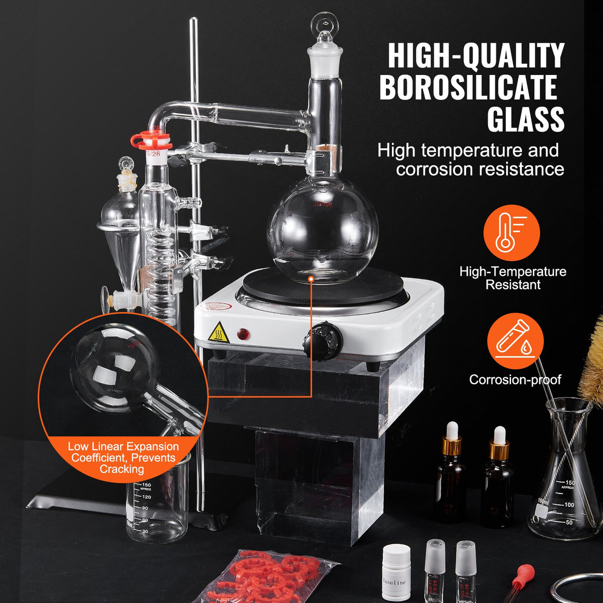 VEVOR Essential Oil Distillation Kit, 500ml Distillation Apparatus, 3.3 Boro Lab Glassware Distillation Kit with 1000W Heating Plate and 24, 40 Joint,