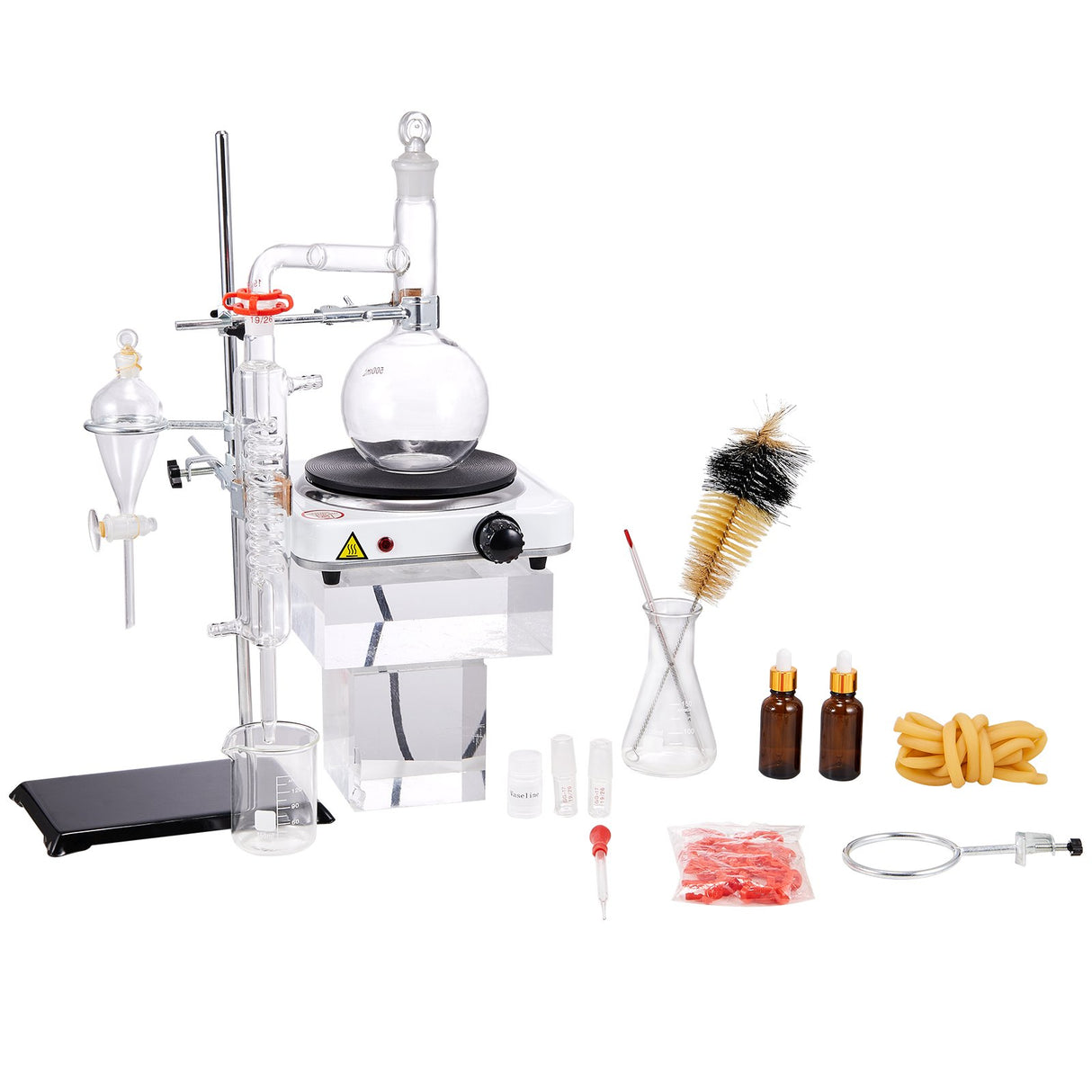 VEVOR Essential Oil Distillation Kit, 500ml Distillation Apparatus, 3.3 Boro Lab Glassware Distillation Kit with 1000W Heating Plate and 24, 40 Joint,