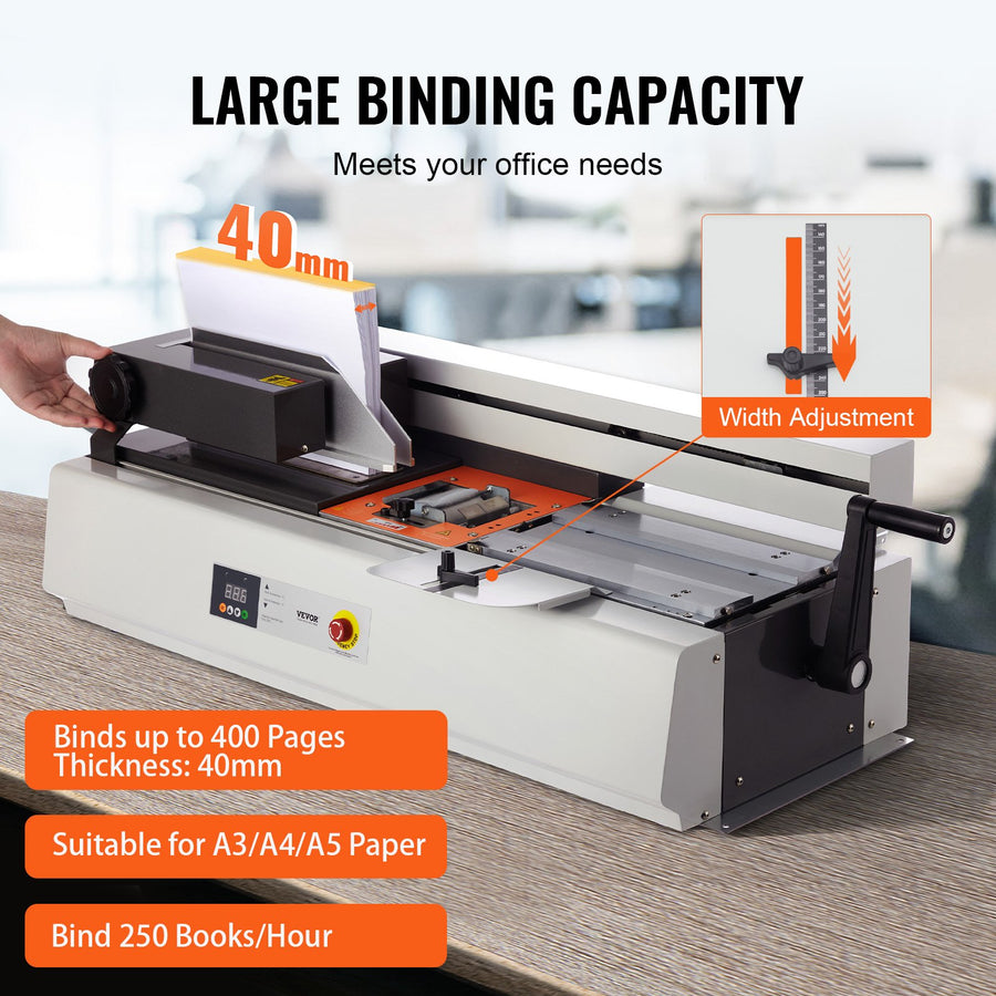 Thermal Binding Machine, 400 Sheets Capacity Hot Glue Binding Machine, Thermal Book Binder 40mm Binding Thickness A3(Short Edge)/A4/A5 Document