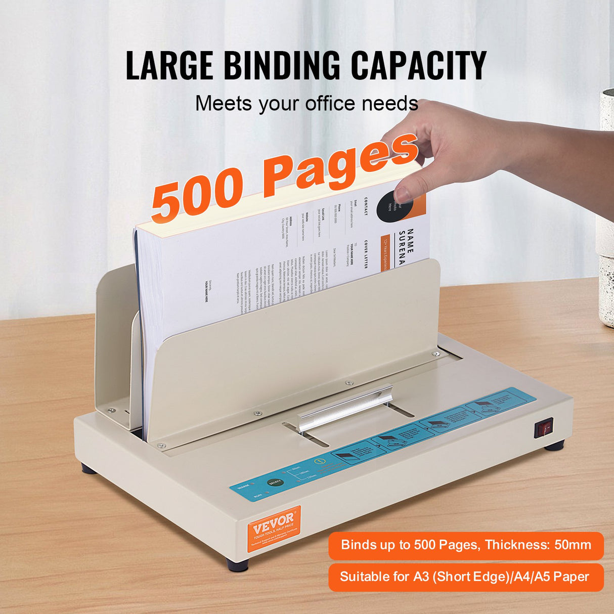 Thermal Binding Machine, 500 Sheets Capacity Book Binding Machine, Thermal Book Binder 50mm Binding Thickness A3(Short Edge)/A4/A5 Document, with Infrared Optical Detection