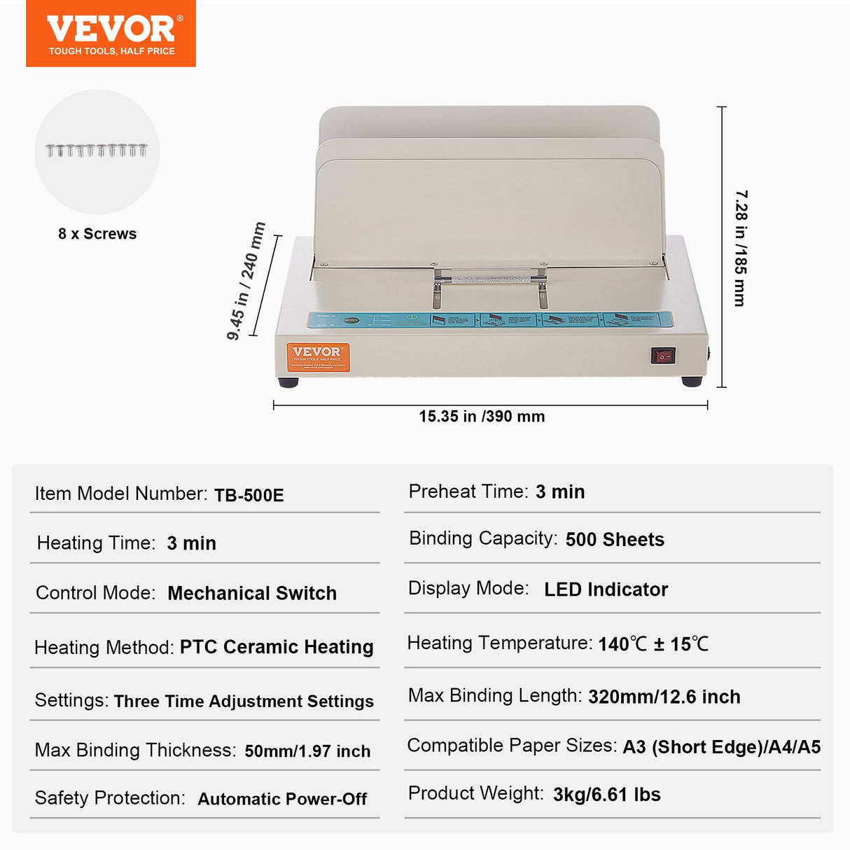 Thermal Binding Machine, 500 Sheets Capacity Book Binding Machine, Thermal Book Binder 50mm Binding Thickness A3(Short Edge)/A4/A5 Document, with Infrared Optical Detection