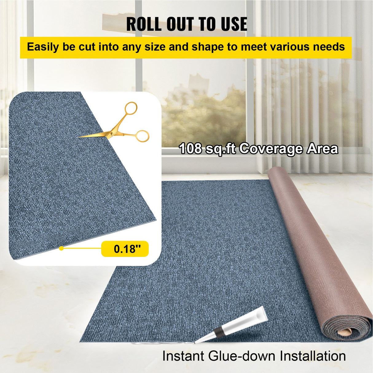 VEVOR Marine Carpet 6x13ft Boat Area Rug Roll Cutpile In/Outdoor Patio Deck Gray, 1.8x4m