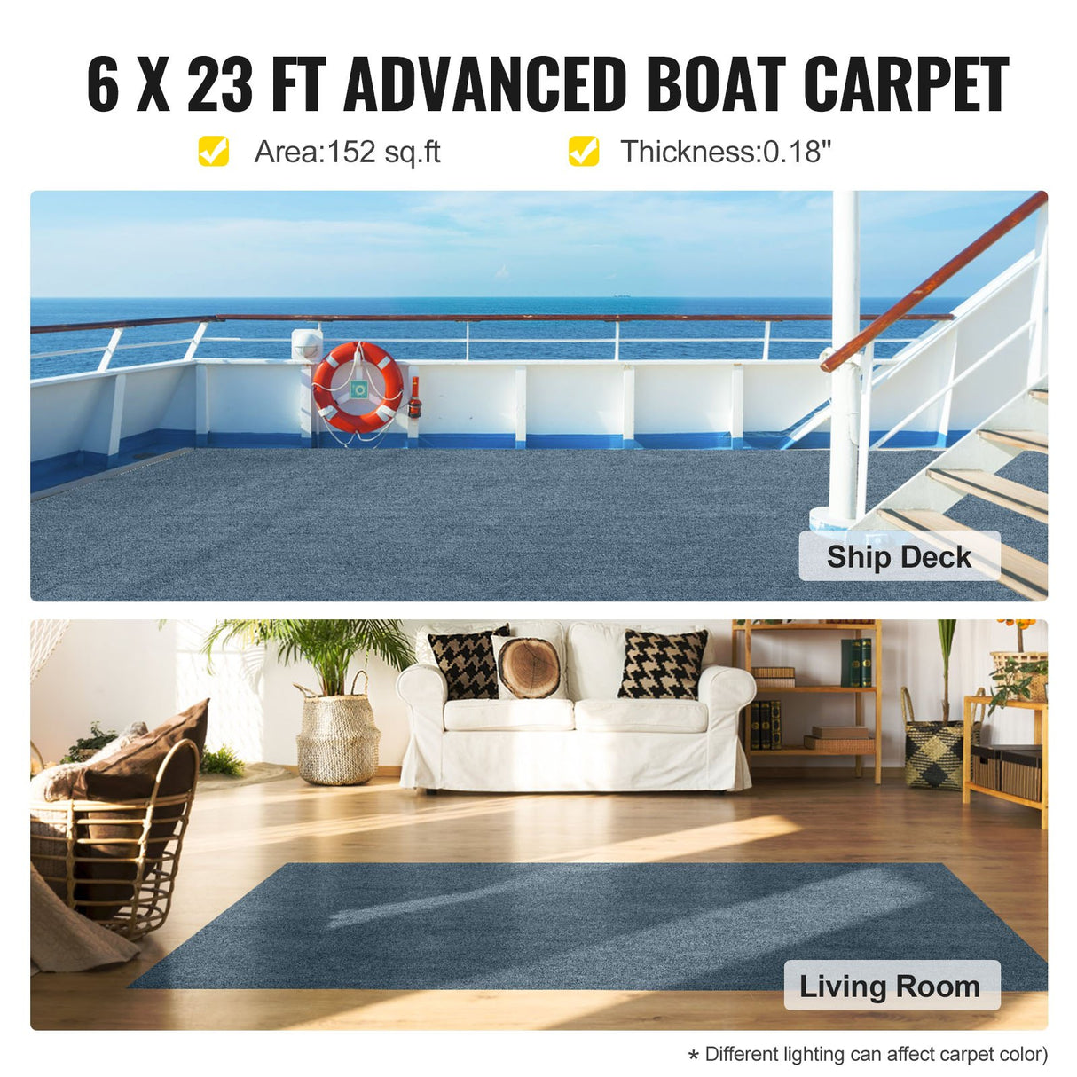 VEVOR Gray Marine Carpet 6 ft x 23 ft Boat Carpet Rugs Indoor Outdoor Rugs for Patio Deck Anti-Slide