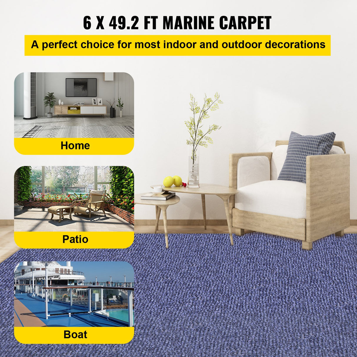 VEVOR Deep Blue Marine Carpet 6 ft x 49.2 ft Marine Carpeting Marine Grade Carpet for Boats with Waterproof Back Outdoor Rug for Patio Porch Deck