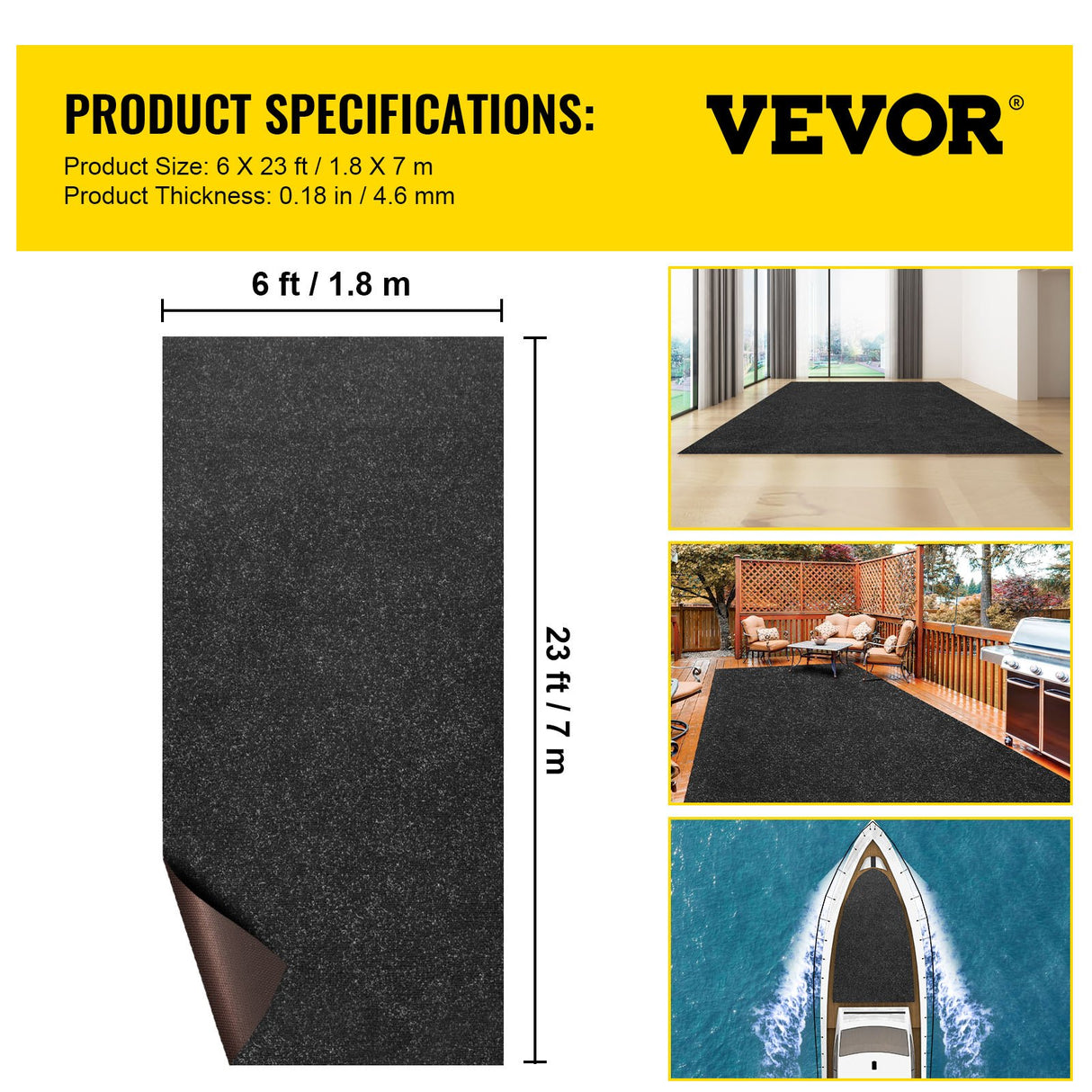 VEVOR Marine Carpet, 6 x 23 ft Boat Carpeting, Charcoal Black Marine Grade Boat Carpet, Indoor/Outdo