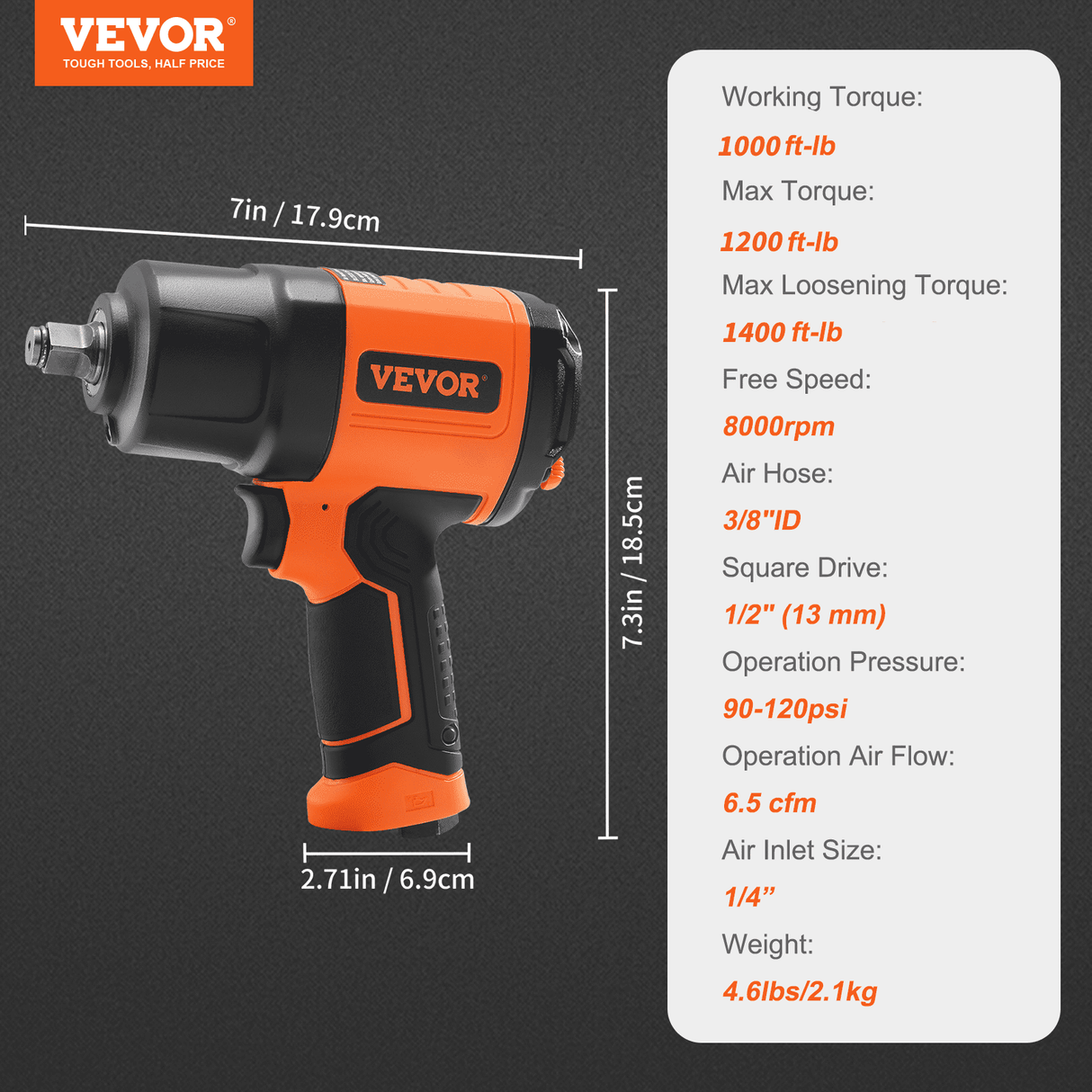 VEVOR 1/2-Inch Air Impact Wrench, High Torque Up to 1400 ft-lbs, Lightweight 4.6 lb Design Pneumatic Impact Gun with 11-PCS 1/2-Inch Drive?CR-V?Steel