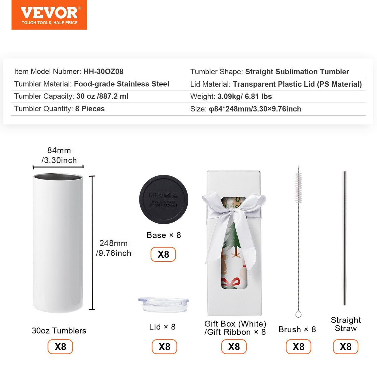 VEVOR 8 Pack Straight Sublimation Tumblers, 30 oz Blank Tumbler Bulk, Stainless Steel Double Wall Tumbler Cups with Straw, Lid, Brush, Base, Shrink Wrap, Gift Box, for Heat Press and Heat Transfer