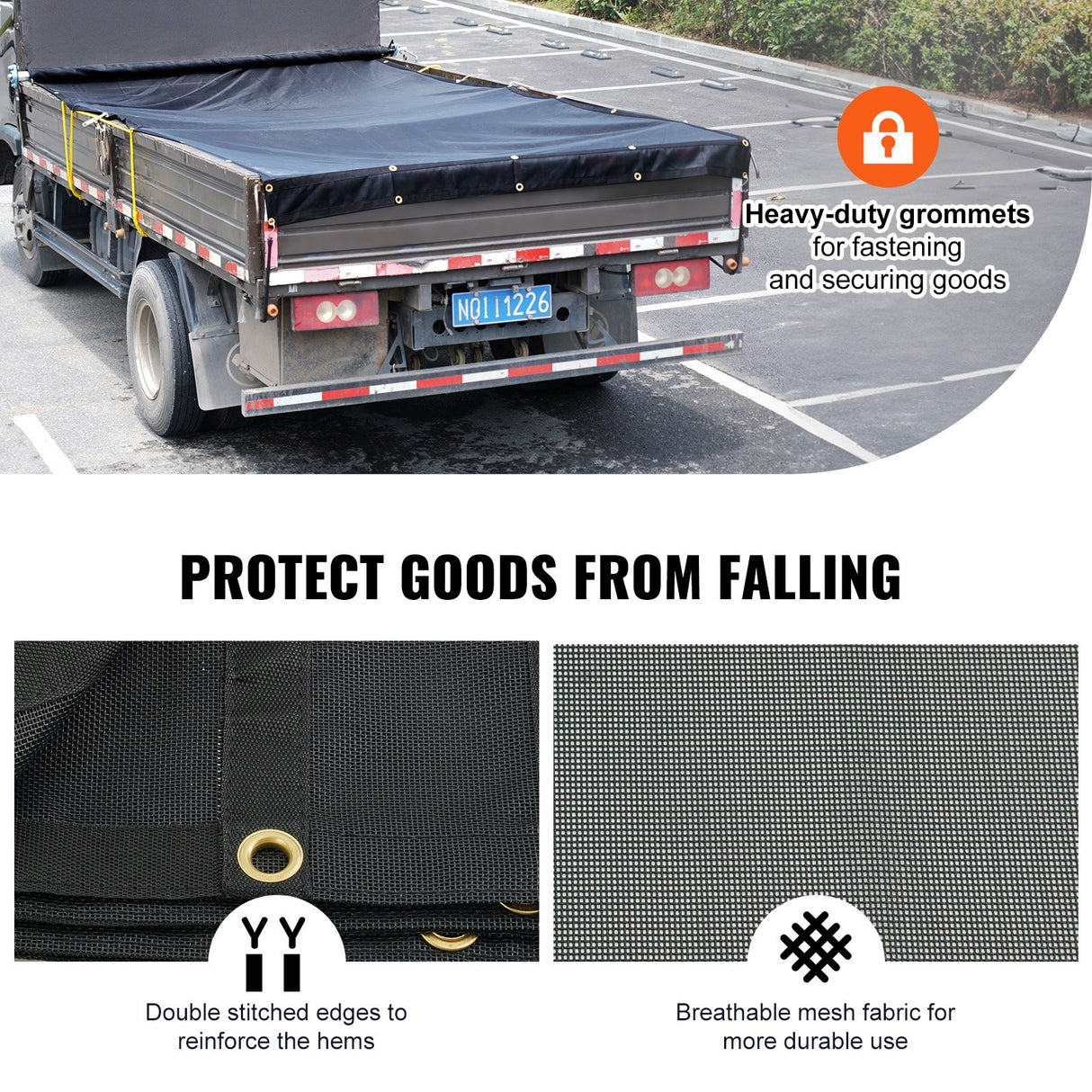 VEVOR Dump Truck Mesh Tarp, 5 x 14 ft, PVC Coated Black Heavy Duty Cover with 5.5" 18oz Double Pocket, Brass Grommets, Reinforced Double Needle Stitch