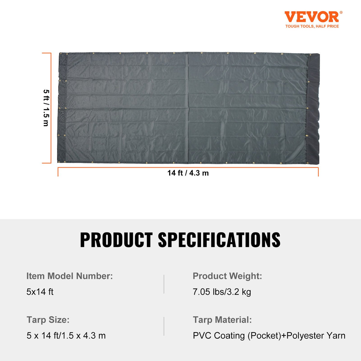 VEVOR Dump Truck Mesh Tarp, 5 x 14 ft, PVC Coated Black Heavy Duty Cover with 5.5" 18oz Double Pocket, Brass Grommets, Reinforced Double Needle Stitch