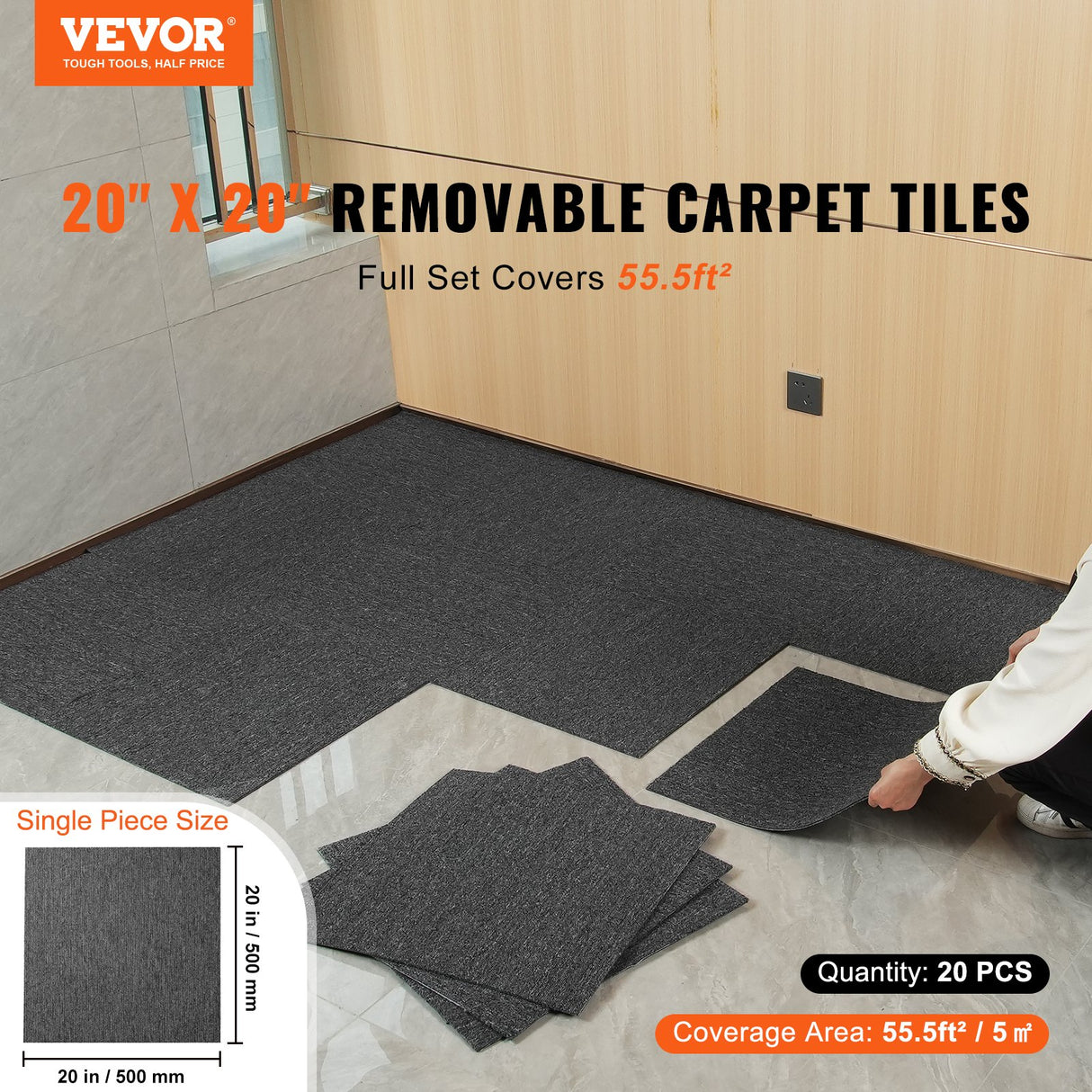 VEVOR Carpet Tiles Reusable, 20"x 20" Carpet Squares With Padding Attached, Soft Padded Carpet Tiles, Easy Install DIY for Bedroom Living Room Indoor