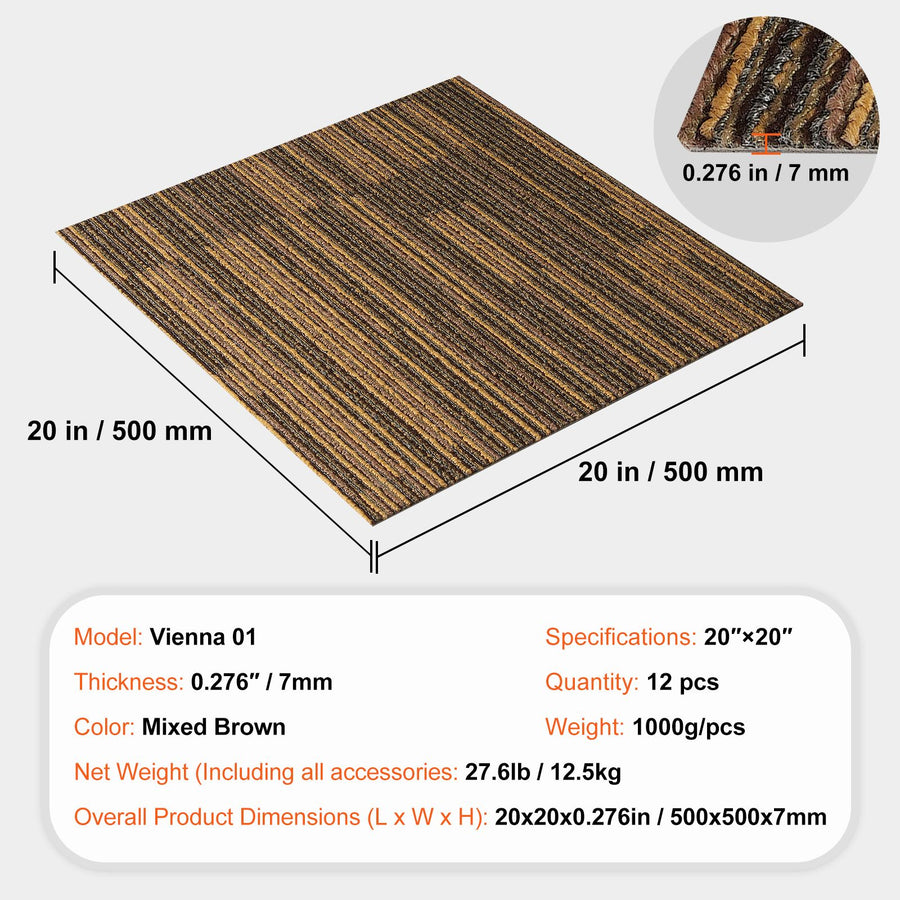 Carpet Tiles Reusable, 20"x 20"Carpet Squares With Padding Attached, Soft Padded Carpet Tiles, Easy Install DIY for Bedroom Living Room (12Tiles, Mixed Brown)