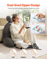 VEVOR Reading Pillow, Large Bed Pillow with Removable Headrest, Back Pillow with 3 Pockets, Shredded Memory Foam and Washable Short Velvet Cloth, Side with Handles for Reading, Gaming, Resting, Grey - Side View