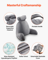 VEVOR Reading Pillow, Large Bed Pillow with Removable Headrest, Back Pillow with 3 Pockets, Shredded Memory Foam and Washable Short Velvet Cloth, Side with Handles for Reading, Gaming, Resting, Grey - Top-Down View