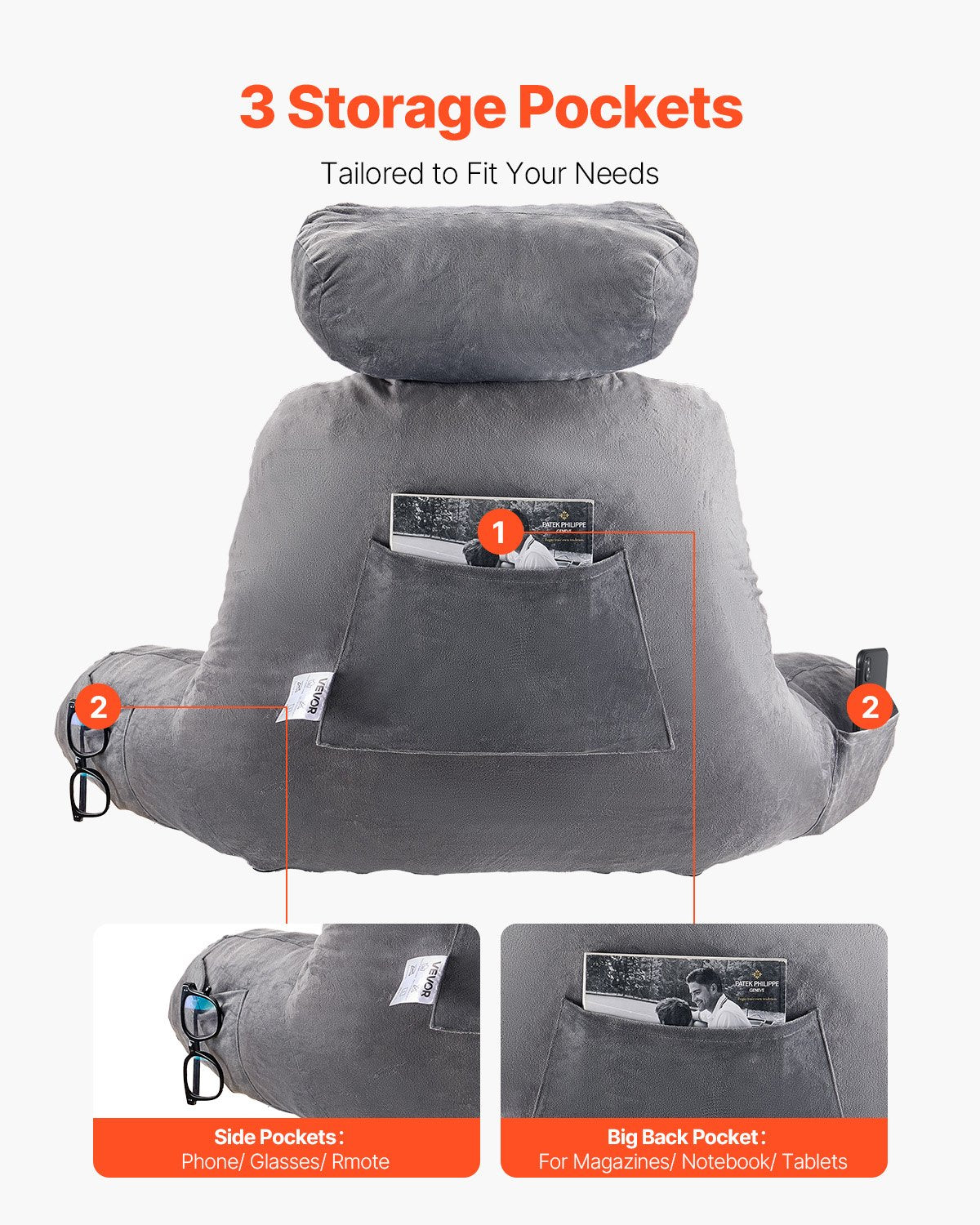 Reading Pillow, Large Bed Pillow with Removable Headrest, Back Pillow with 3 Pockets, Shredded Memory Foam and Washable Short Velvet Cloth, Side with Handles for Reading, Gaming, Resting, Grey
