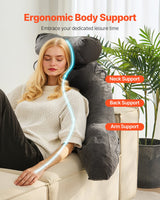 VEVOR Reading Pillow, Large Bed Pillow with Removable Headrest, Back Pillow with 3 Pockets, Shredded Memory Foam and Washable Short Velvet Cloth, Side with Handles for Reading, Gaming, Resting, Grey - Rear View