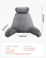 Reading Pillow, Large Bed Pillow with Removable Headrest, Back Pillow with 3 Pockets, Shredded Memory Foam and Washable Short Velvet Cloth, Side with Handles for Reading, Gaming, Resting, Grey