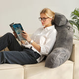 Reading Pillow, Large Bed Pillow with Removable Headrest, Back Pillow with 3 Pockets, Shredded Memory Foam and Washable Short Velvet Cloth, Side with Handles for Reading, Gaming, Resting, Grey