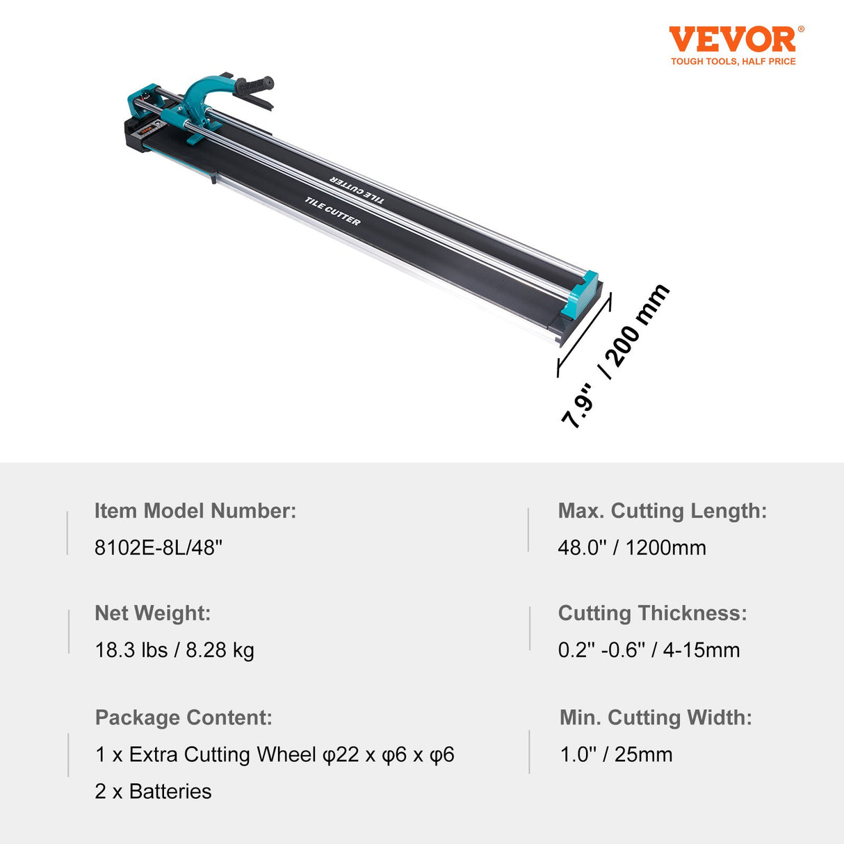 VEVOR Manual Tile Cutter, 1200mm, Porcelain Ceramic Tile Cutter with Tungsten Carbide Cutting Wheel, Infrared Positioning, Anti-Skid Feet, Double