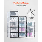 Shoe Storage Boxes, 12 Pack Stackable Shoe Boxes Storage Organizers, Fit up to US Size 11, Plastic Modular Space Saving Sneaker Containers for Storing High Heels, Boots, and Hats, Black Frame