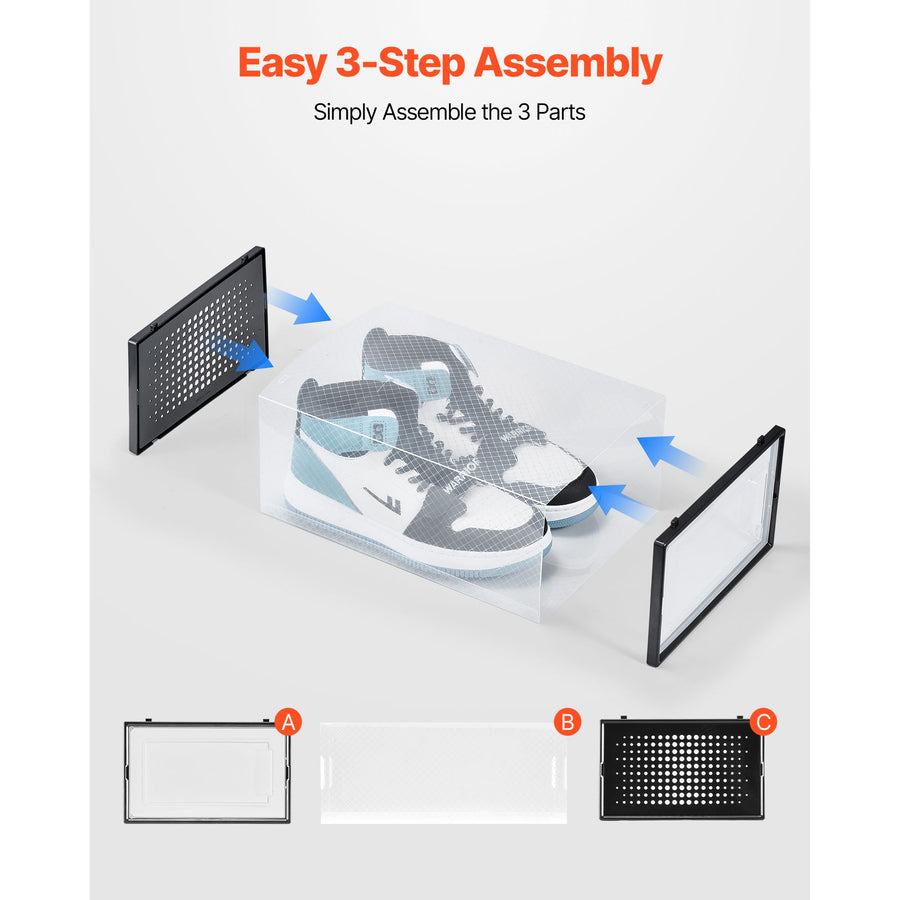 Shoe Storage Boxes, 12 Pack Stackable Shoe Boxes Storage Organizers, Fit up to US Size 11, Plastic Modular Space Saving Sneaker Containers for Storing High Heels, Boots, and Hats, Black Frame