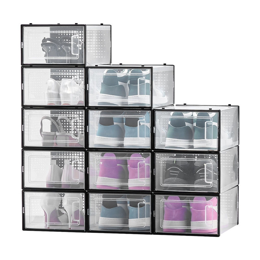 Shoe Storage Boxes, 12 Pack Stackable Shoe Boxes Storage Organizers, Fit up to US Size 11, Plastic Modular Space Saving Sneaker Containers for Storing High Heels, Boots, and Hats, Black Frame