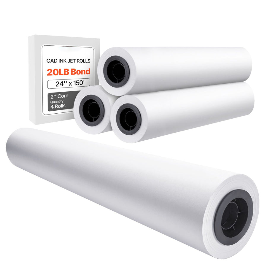 Wide Format Paper, 609.6 mm x 45.7 m Plotter Paper, 4 Rolls CAD Bond Rolls with 50.8 mm Core, 10 KG Plotter Paper Rolls, for CAD Drawings, Engineering Plans, GIS Maps & Architectural Designs