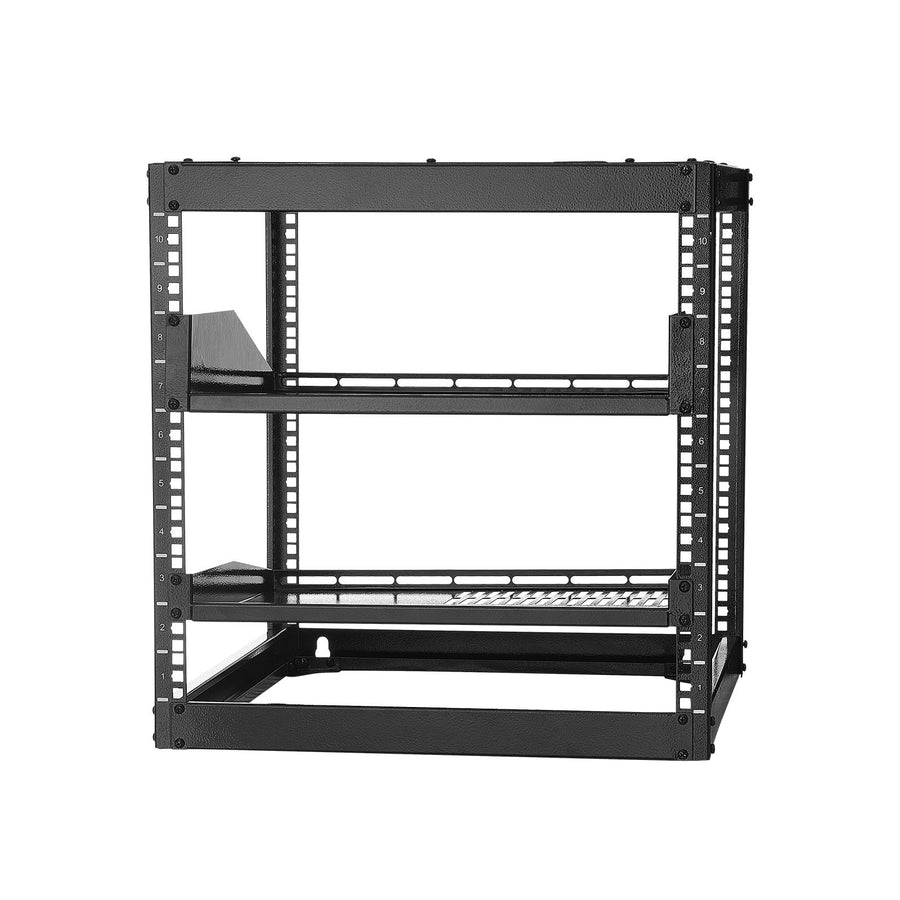 10U Open Frame Network Rack, 585 mm Depth, Wall Mounted or Floor Standing Server Rack, Heavy Duty 4 Post, with Vented Shelves & Mounting Hardware, Holds All Your Networking IT Equipment AV Gear