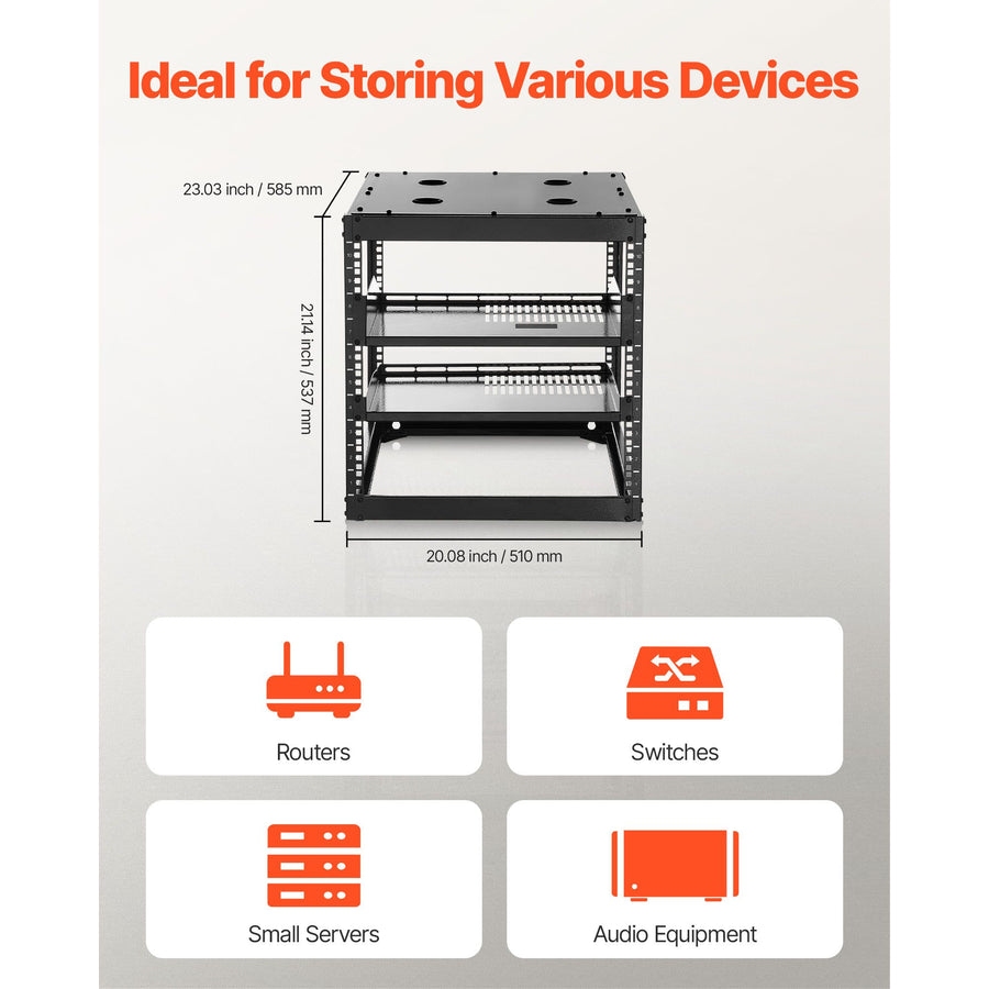 10U Open Frame Network Rack, 585 mm Depth, Wall Mounted or Floor Standing Server Rack, Heavy Duty 4 Post, with Vented Shelves & Mounting Hardware, Holds All Your Networking IT Equipment AV Gear