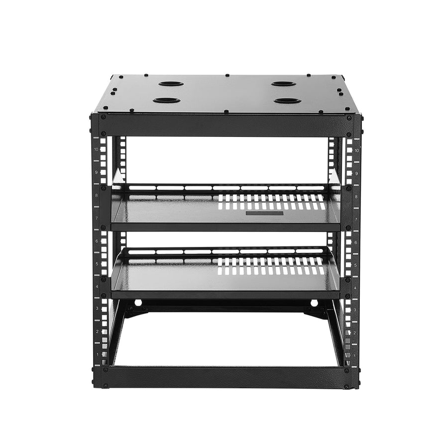 10U Open Frame Network Rack, 585 mm Depth, Wall Mounted or Floor Standing Server Rack, Heavy Duty 4 Post, with Vented Shelves & Mounting Hardware, Holds All Your Networking IT Equipment AV Gear
